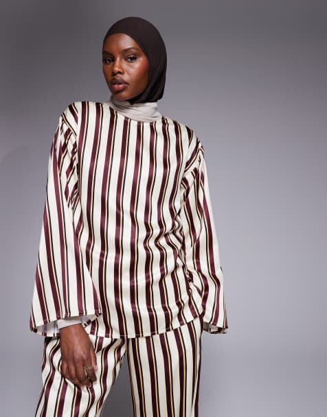 IYAL satin long sleeve top co-ord in brown stripe - view 1
