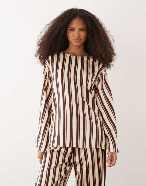 IYAL satin long sleeve top in brown stripe - part of a set - view 1