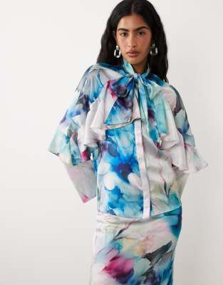 IYAL satin long sleeved bow detail blouse watercolor floral print - part of a set multi