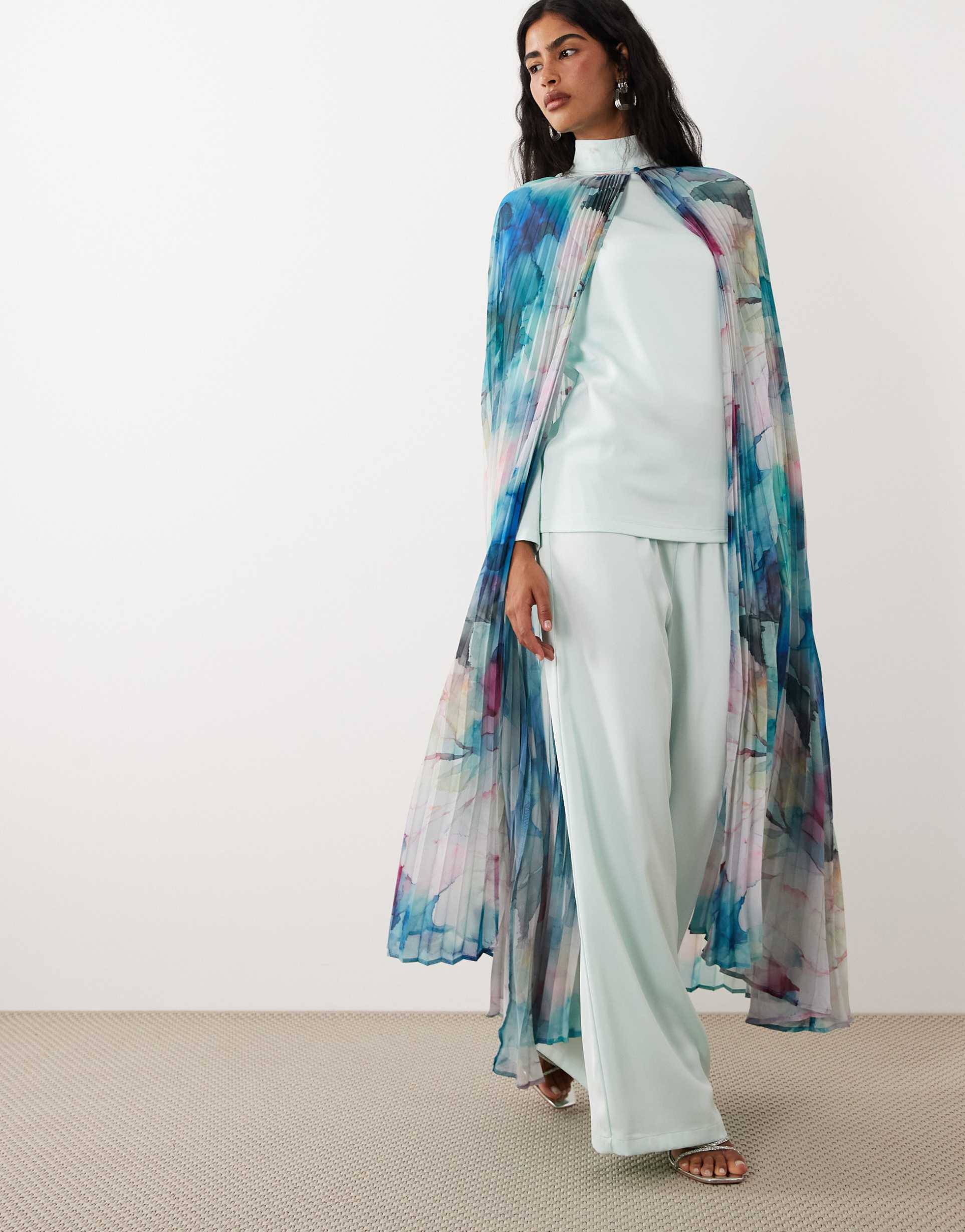 iyal satin printed maxi cape in watercolor floral print