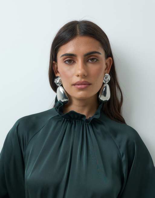 IYAL satin ruffle high neck belted wide sleeve maxi dress in forest green, 2 of 5