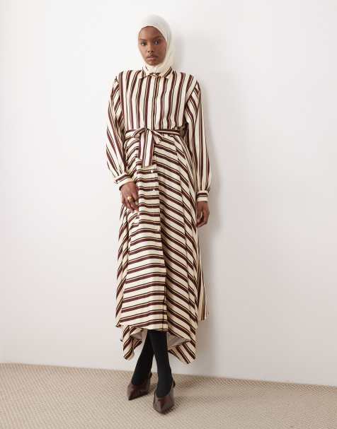 IYAL satin stripe tie waist maxi shirt dress in brown multi