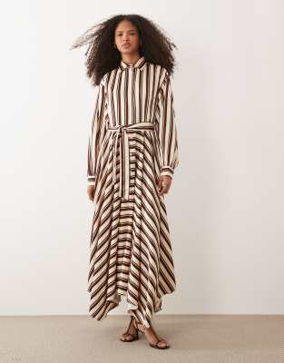 IYAL satin stripe tie waist maxi shirt dress in brown multi multi 26890₽