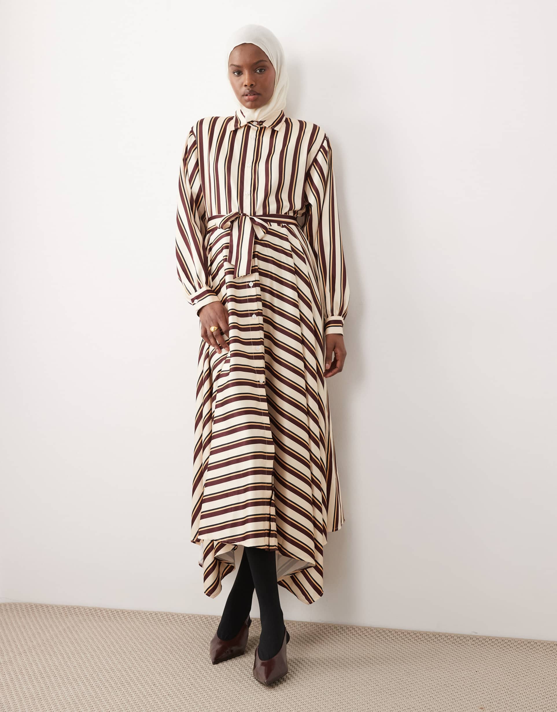 iyal satin stripe tie waist maxi shirt dress in brown multi