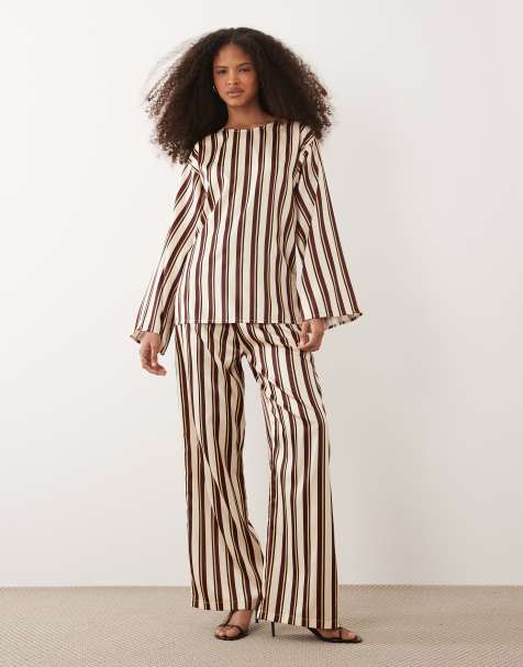IYAL satin stripe top and pants set in brown multi - view 1