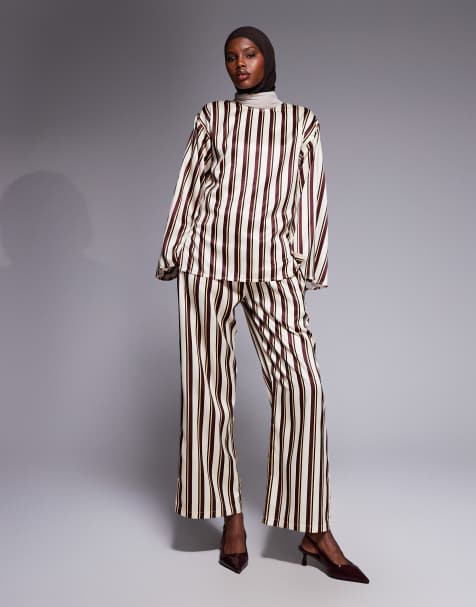 IYAL satin stripe top and trouser co-ord in brown multi - view 1