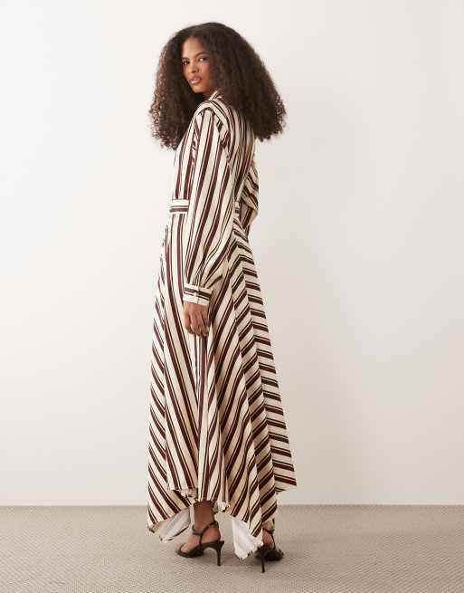 IYAL satin tie waist maxi shirt dress in brown stripe, 3 of 4