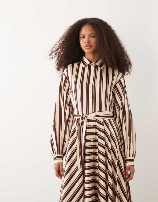 IYAL satin tie waist maxi shirt dress in brown stripe, 4 of 4