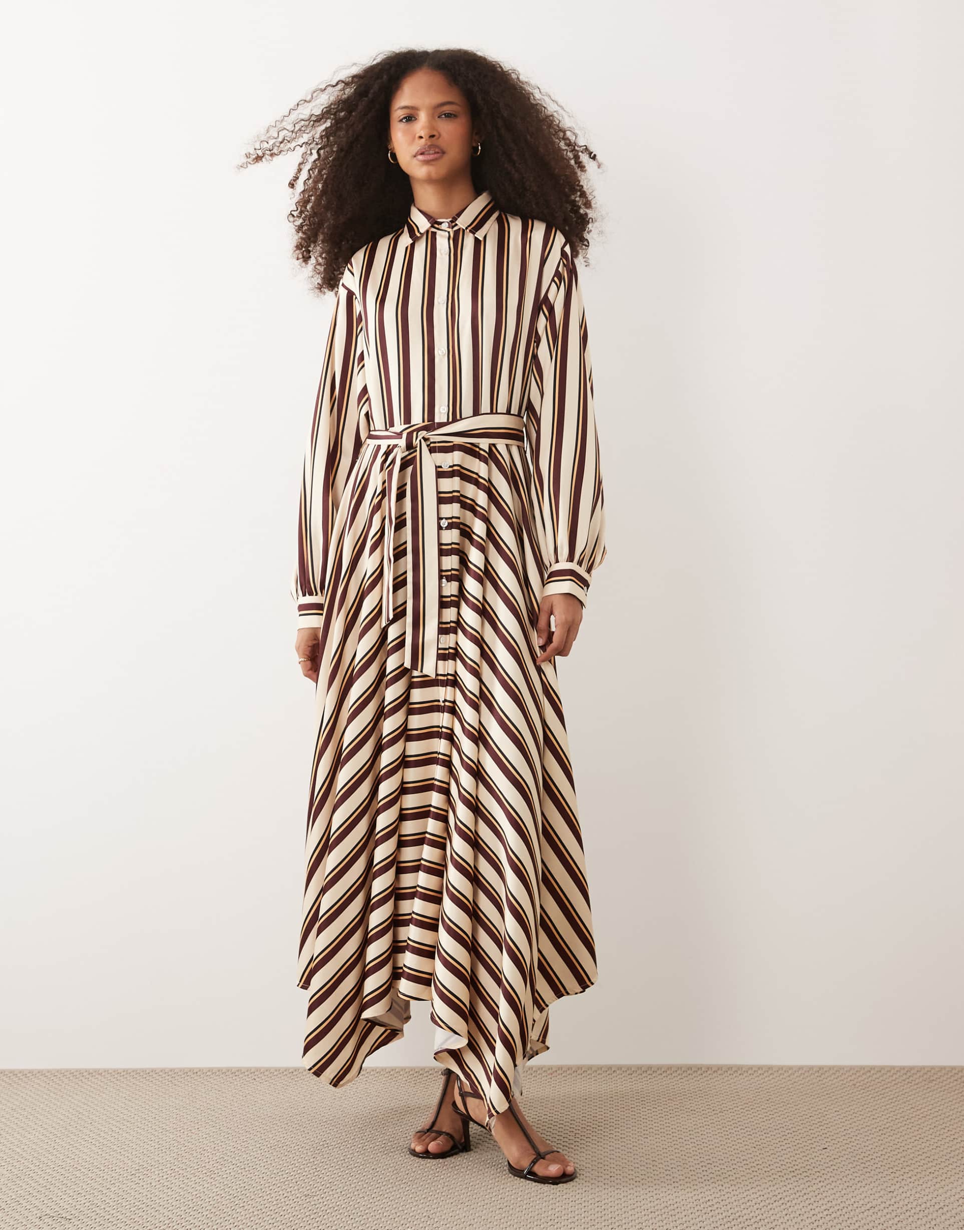 iyal satin tie waist maxi shirt dress in brown stripes