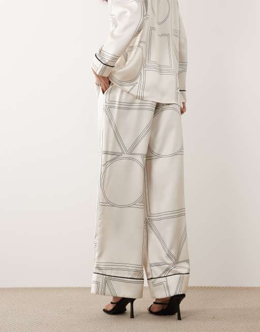 IYAL satin wide leg contrast binding pants in cream abstract print - part of a set, 4 of 5