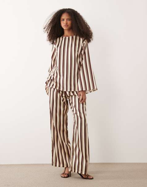 IYAL satin wide leg pants in brown stripe (part of a set) - view 1