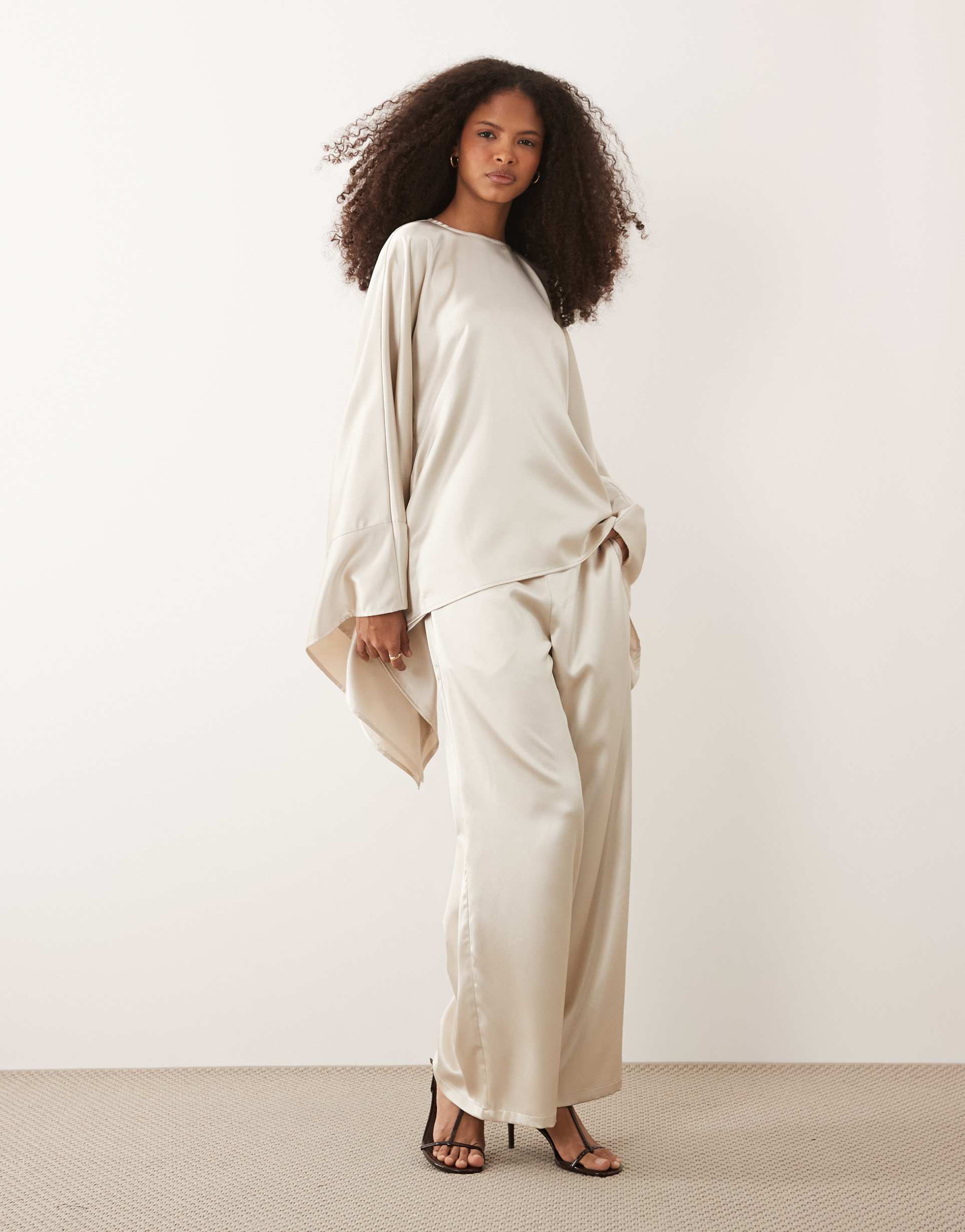 iyal satin wide leg pants in cream - part of a set