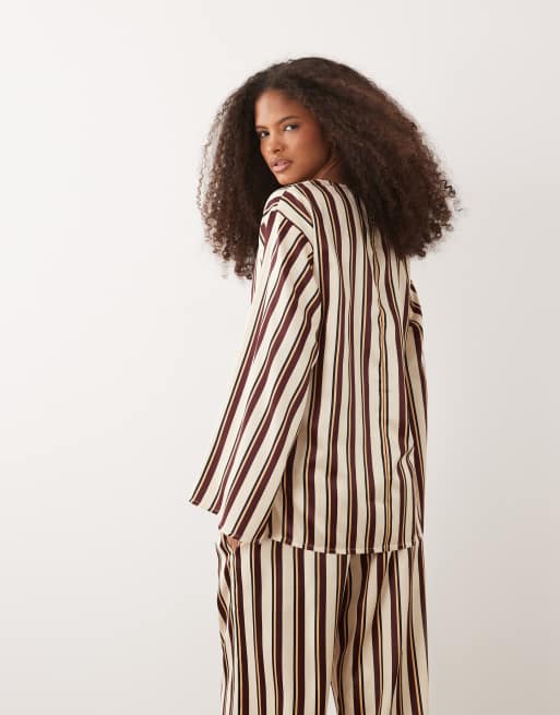IYAL satin wide neck fluted sleeve top co-ord in brown stripe, 4 of 4