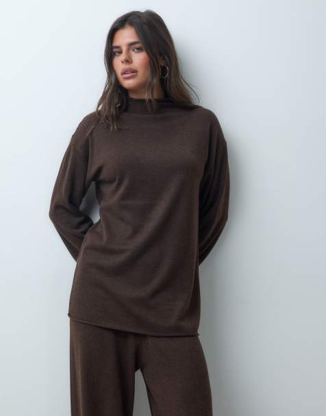 IYAL super soft knitted high neck oversized jumper co-ord in chocolate - view 1
