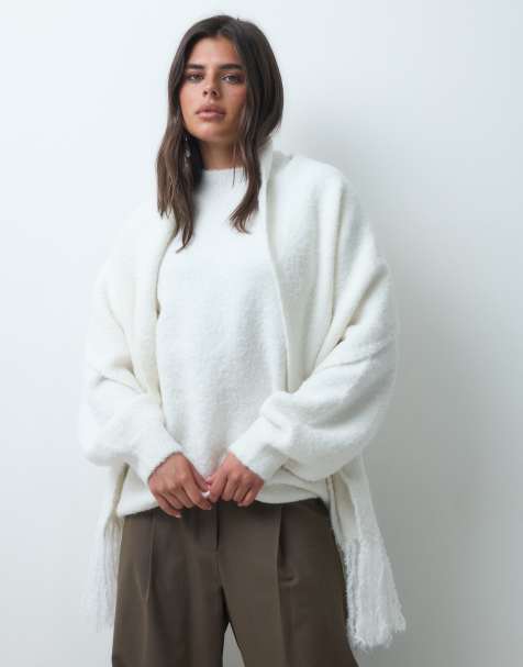 IYAL sweter oversize z dzianiny bouclé z detalem szalowym w kolorze kremowym - view 1
