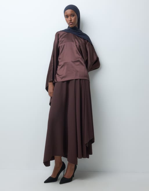 IYAL top co-ord con maniche molto drappeggiate, marrone cioccolato, 2 di 5