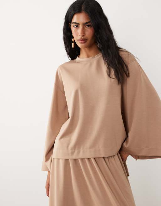 IYAL - Ensemble luxueux avec top à manches larges, abya et jupe longue - Camel, 4 de 4