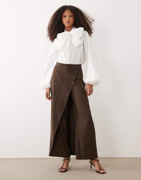 IYAL trouser with wrap over skirt button detail co-ord in brown - view 1