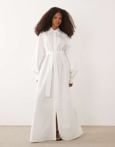 IYAL - Vestido camisero largo blanco con lazada en la cintura de popelina de algodón - view 1