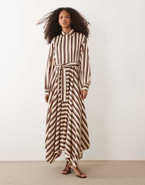 IYAL - Vestito camicia lungo allacciato in vita in raso marrone a righe - view 1