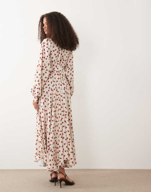 IYAL - Vestito lungo con colletto e bottoni color crema con stampa di rose, 2 di 4
