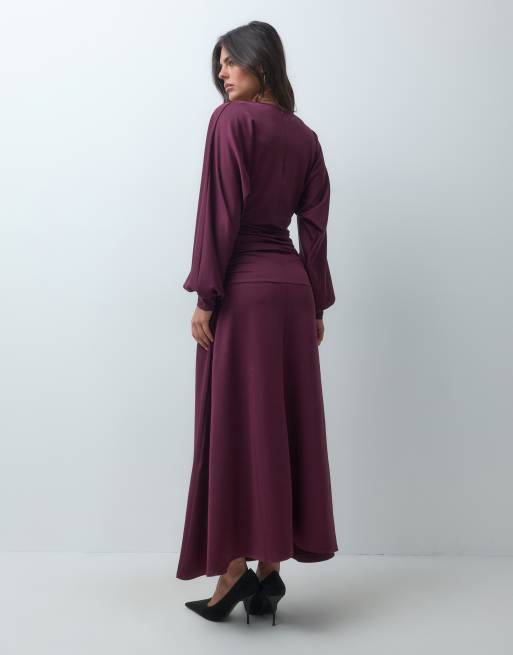 IYAL vestito lungo in modal elasticizzato con vita bassa e maniche a pipistrello, bordeaux, 4 di 4