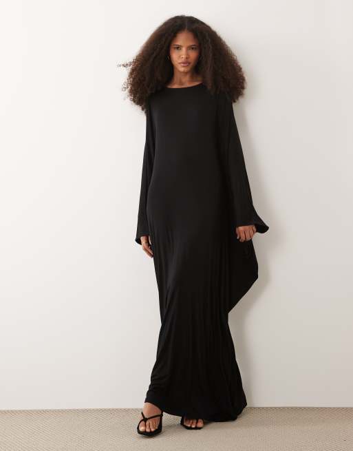 IYAL - Vestito lungo stile caftano in jersey nero con maniche ampie pronunciate, 3 di 4