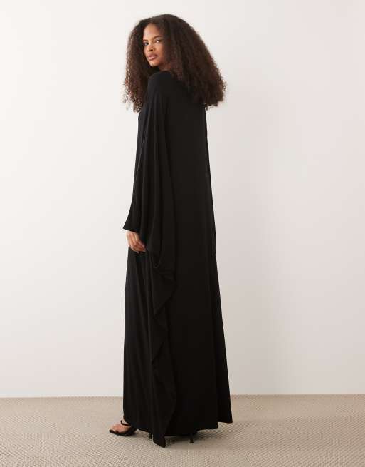 IYAL - Vestito lungo stile caftano in jersey nero con maniche ampie pronunciate, 4 di 4