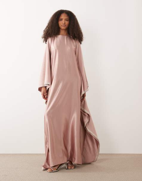 IYAL - Vestito lungo stile caftano in raso rosa tenue con pannelli laterali decorati - view 1