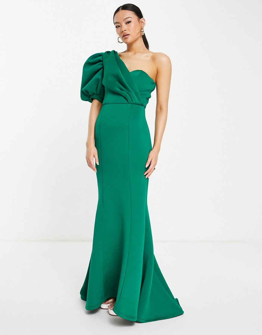 фото Изумрудно-зеленое платье макси с асимметричным пышным рукавом jarlo genevieve-зеленый цвет