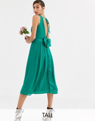 Изумрудно-зеленое платье миди с атласным бантом на спине TFNC Tall Bridesmaid-Зеленый