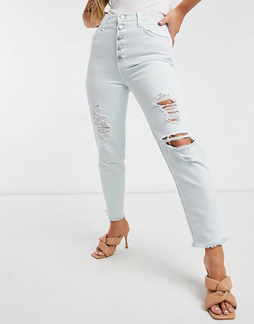 J Brand Heather straight leg distressed jeans with button detail in light blue