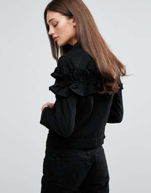 Ruffle shoulder denim outlet jacket