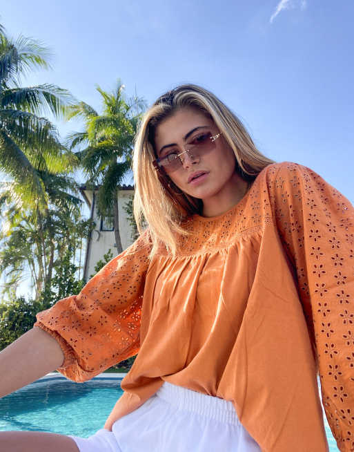 J Crew - Blouse smockée avec broderies et manches 3/4 - Orange