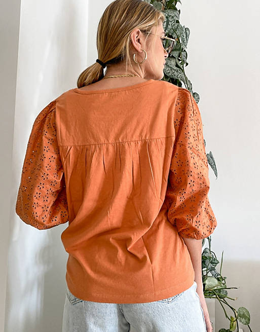J Crew embroidered smock blouse with 3/4 sleeves in orange