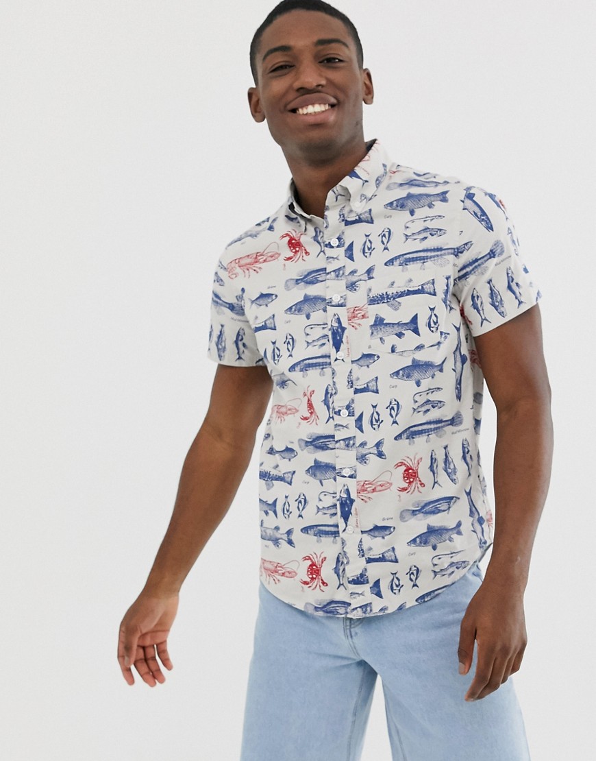 J Crew Mercantile short sleeve flex washed fish print shirt in off white-Multi