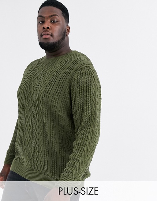 Jacamo crew neck cable knit jumper in olive green