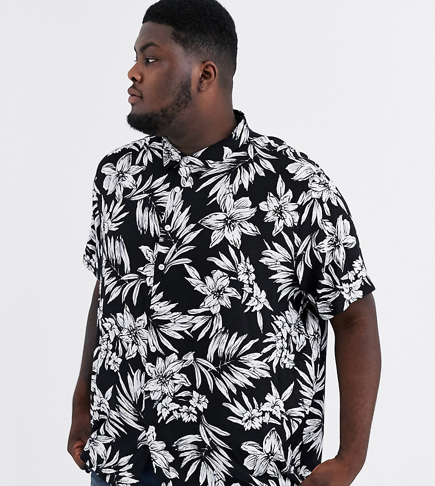 Jacamo - Overhemd met bloemen- en palmprint en korte mouwen in zwart