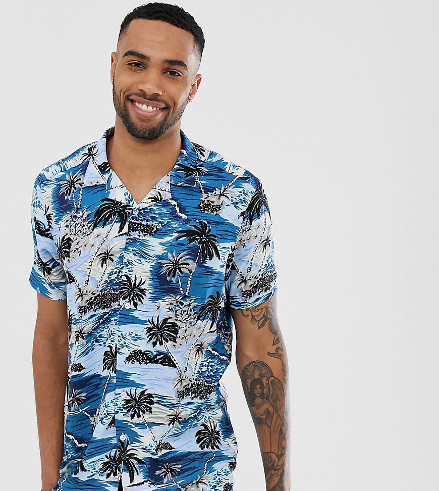 Jacamo - Overhemd met reverskraag en palmboomprint-Blauw