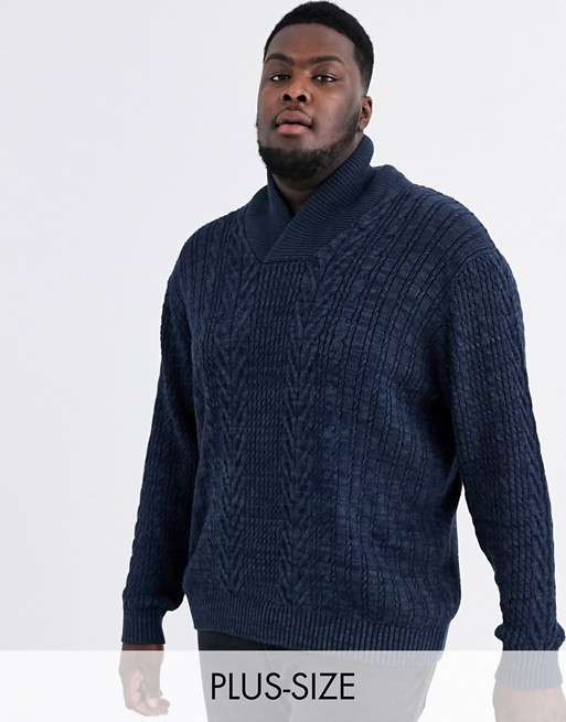 Jacamo shawl neck cable knit jumper in navy