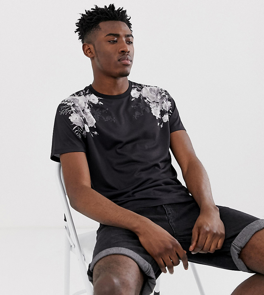 Jacamo - T-shirt met bloemetjesprint op de schouders-Zwart