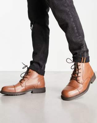 Jack & Jones Lace-up Tall Boots In Brown Leather