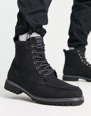 Jack and Jones faux leather lace up boots in black