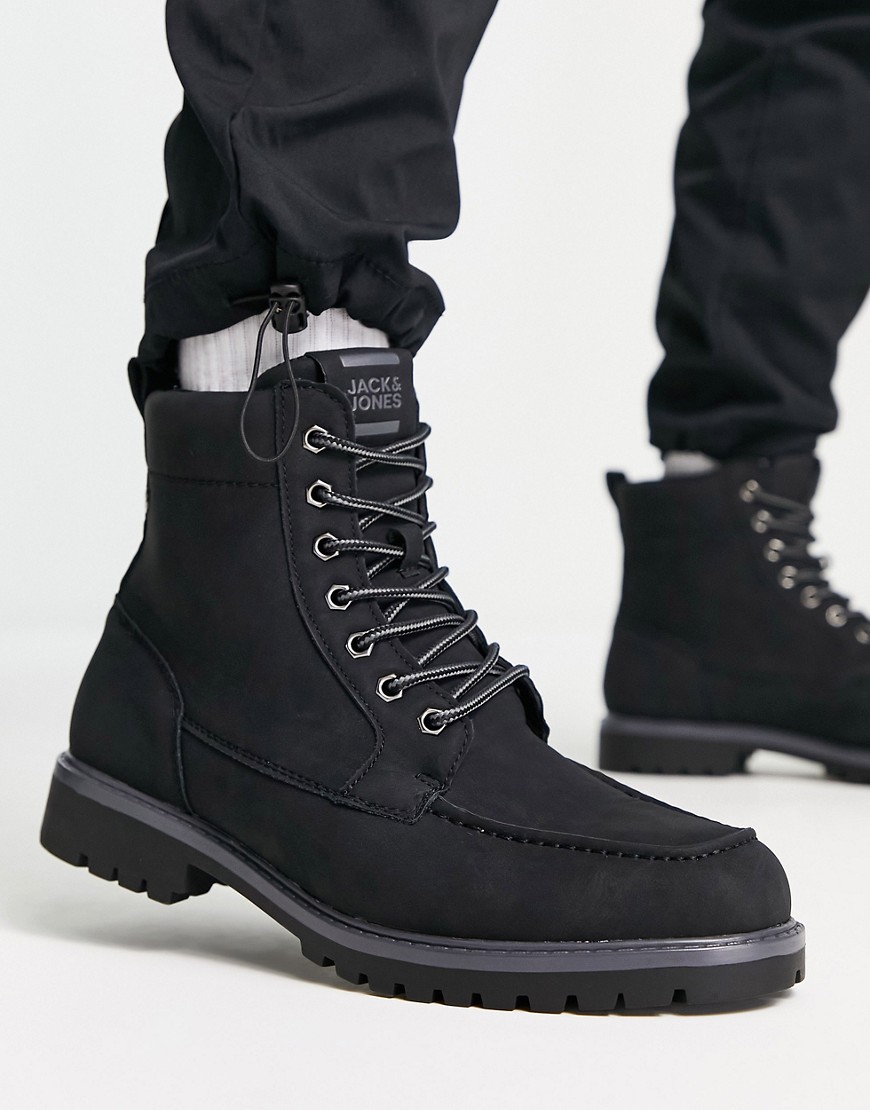 jack and jones faux leather lace up boots in black