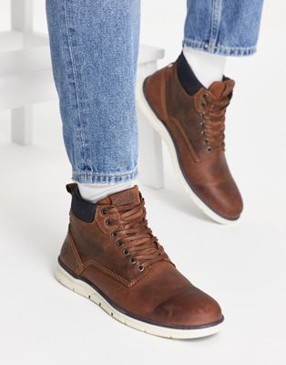 Jack and Jones leather lace up ankle boots in brown