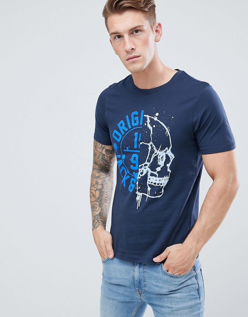 Jack and Jones – Splice – T-shirt med dödskalle-Marinblå