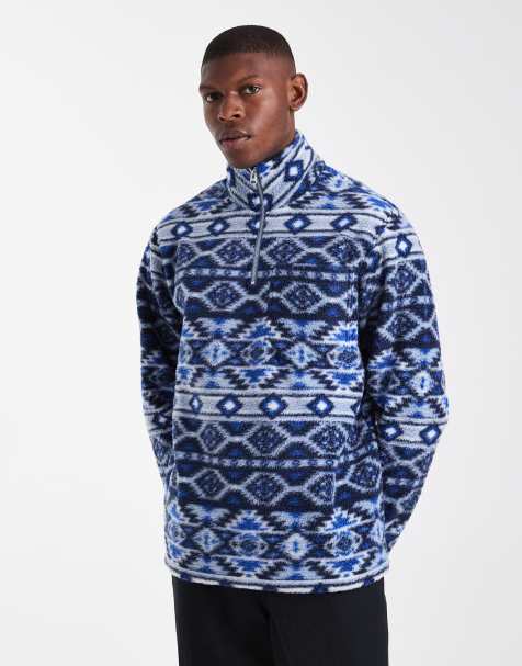 Jack & Jones 1/4 zip fleece in blue print - view 1