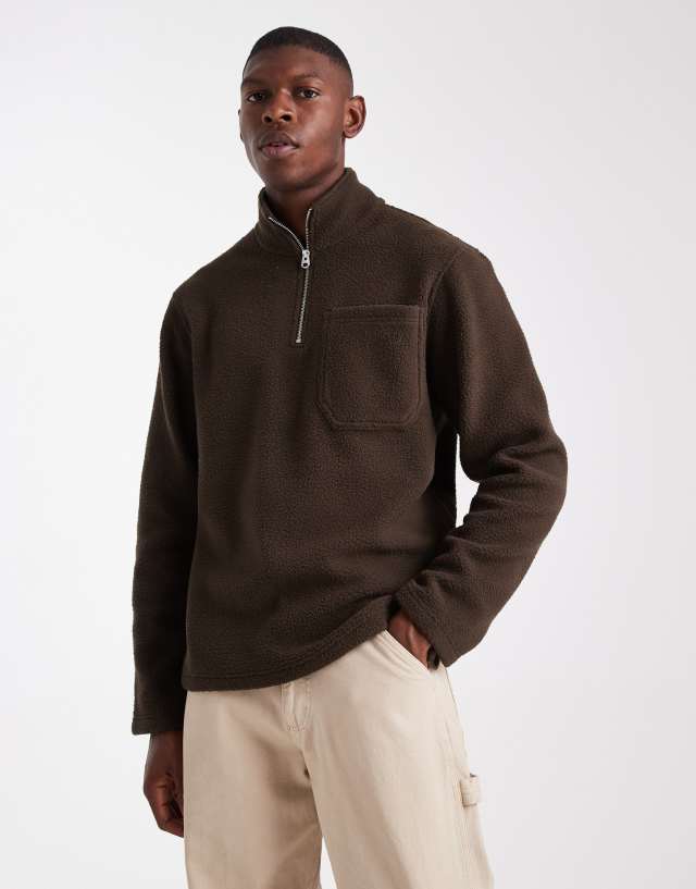 Jack & Jones 1/4 zip fleece in brown | ASOS
