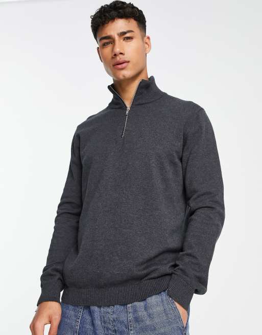 Jack Jones 1 4 zip jumper in dark grey