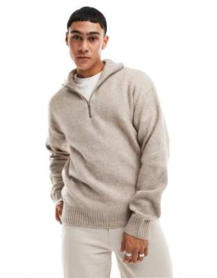 Jack & Jones 1/4 Zip Oversize Sweater In Beige-neutral